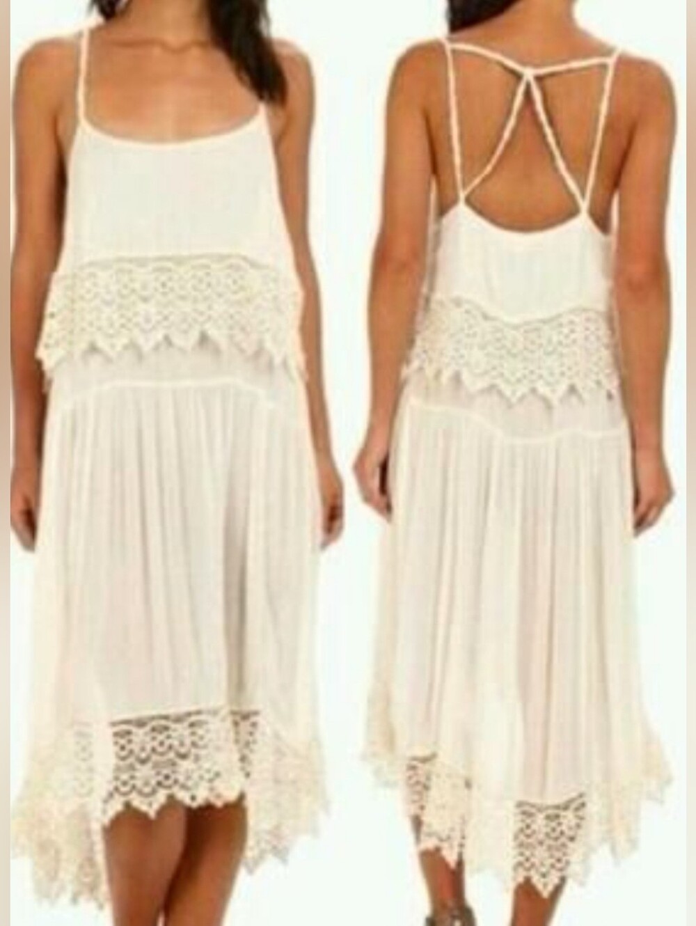 Intimately Free People Boho Crochet Strappy Back Hi-lo Midi Dress Size Sm
